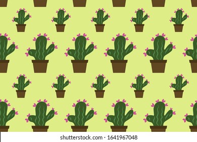 Seamless pattern of cactus with flowers. Green plants in pots. Cactus flat vector illustration