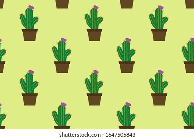 Patrón transparente de cactus con flores. Plantas verdes en macetas. Ilustración vectorial plana Cactus.