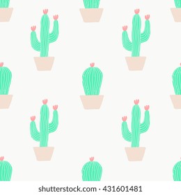 Seamless pattern with cactus and flowers in green and pink on cream background.
