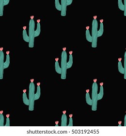 Seamless pattern with cactus and flowers in green and pink on black background.