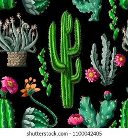 Seamless pattern with cactus and flowers on dark background. Vector illustration.