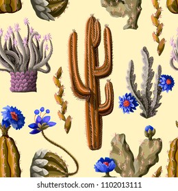 Seamless pattern with cactus and flowers on yellow background. Vector illustration.