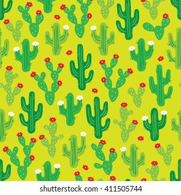 Seamless pattern with cactus and flowers. Perfect for textile, wallpaper, wrapping paper, web page background