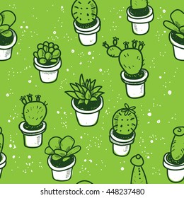 Seamless pattern with cactus . Flowers in pots. Simple vector illustration in a Scandinavian style .