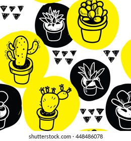 Seamless pattern with cactus . Flowers in pots. Simple vector illustration in a Scandinavian style .