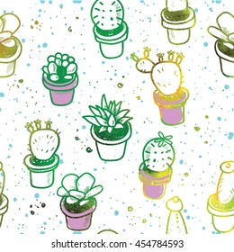 Seamless pattern with cactus . Flowers in pots. Simple vector illustration  in a Scandinavian style .