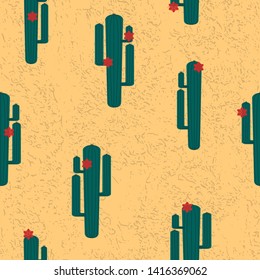 Seamless pattern, cactus with flowers, sand texture, Mexican style, wallpaper, green and yellow background, vector illustration
