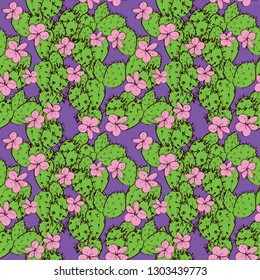 Seamless pattern cactus with flowers sketch green lilac pink, black contour on purple background. simple ornament, Can be used for Gift wrap, fabrics, wallpapers. Vector