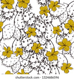 Seamless pattern cactus with flowers sketch, gold mustard yellow, black contour on white background. simple ornament, Can be used for Gift wrap, fabrics, wallpapers. Vector