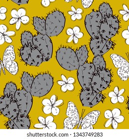 Seamless pattern cactus with flowers sketch,  grey yellow, black contour on gold mustard background. simple ornament, Can be used for Gift wrap, fabrics, wallpapers. Vector
