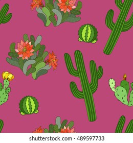 Seamless pattern with cactus and flowers - vector illustration