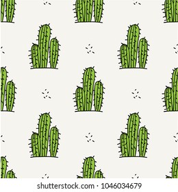 Seamless pattern with cactus in green  on cream background.
