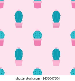 Seamless pattern with cactus in green and on pink background.