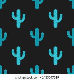 Seamless pattern with cactus in green on black background