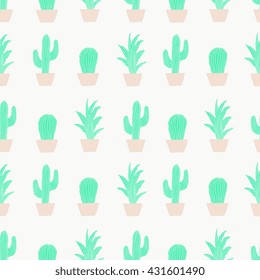 Seamless pattern with cactus in green on cream background.