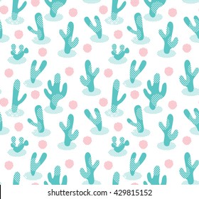 Seamless pattern with cactus in green and red polka dot on white background.