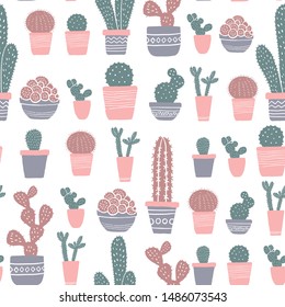 Seamless pattern with cactus and hand drawn elements. Creative childish texture. Great for fabric, textile Vector Illustration