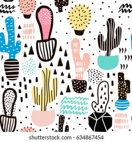 Seamless pattern with cactus and hand drawn textures.Perfect for fabric,textile.Vector background