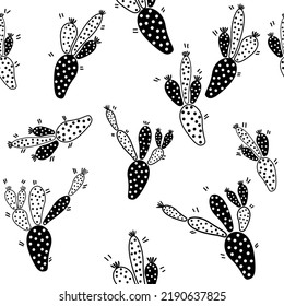 Seamless pattern with cactus, hand-drawn black and white background, design for kids, fabric, T-shirt prints doodle design. 