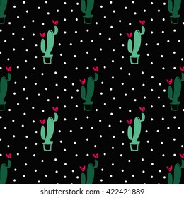 Seamless pattern with cactus and heart-shaped flowers in green and pink on black background. Hand drawn vector illustration. Design for fabric and decor.