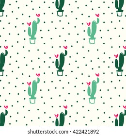 Seamless pattern with cactus and heart-shaped flowers in green and pink on ivory background. Hand drawn vector illustration. Design for fabric and decor.