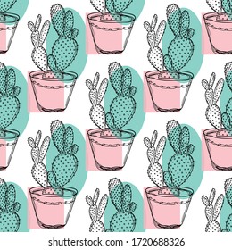 Seamless pattern with cactus house plant on white background. Doodle vector illustration.