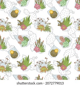 Seamless pattern with cactus house plants and succulents in glass pots. Window gardening on whitw background. Flat Art Vector Illustration