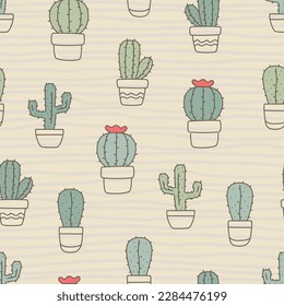 Seamless pattern of cactus houseplant in pots