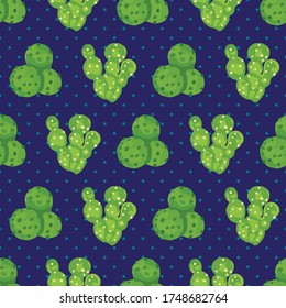 Seamless pattern cactus illustration on dark blue background with polka dots