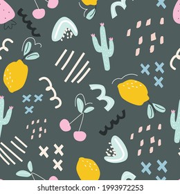 Seamless pattern with cactus, lemon, strawberries and cherries and geometric shapes on a dark background. Vector illustration for printing on fabric, packaging paper, clothing. Cute baby background