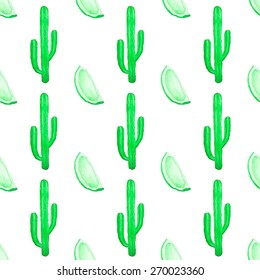 Seamless pattern with cactus and lime. Hand-drawn background. Vector illustration. Real watercolor drawing.