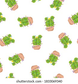 Seamless pattern with cactus with new year garland. Feliz navidad. Vector illustration.