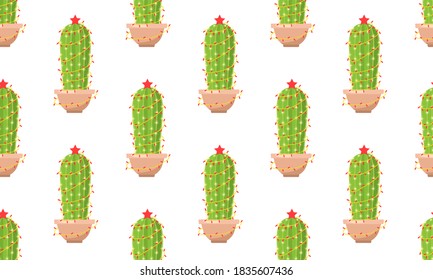Seamless pattern with cactus with new year garland. Vector illustration.