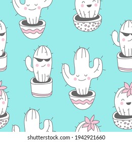 Seamless pattern with cactus on blue background.