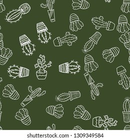 Seamless pattern with cactus on the green background.
