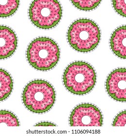 Seamless pattern of cactus on white background. Cactus in the form of a donut with pink icing. Funny succulent. Hand drawing of dessert in cartoon style. Vector illustration for printing on  textiles.