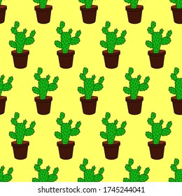 Seamless pattern with  cactus on a yellow background. Vector.