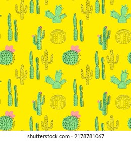 seamless pattern with cactus on yellow background in cartoon style. Cute texture for kids room design, wallpaper, textile, wrapping paper, clothes. Vector illustration