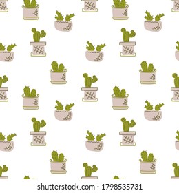 Seamless pattern of a cactus . Painted succulents in a ceramic pot. Background for fabric, paper, and other surfaces
