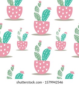 Seamless pattern with cactus in pastel color on white background.Hand-drawn.