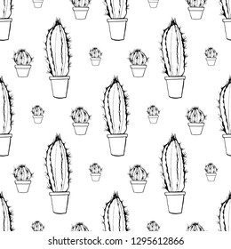 Seamless pattern with cactus. Pen drawing with houseplant for fabric, background. Black and white texture.