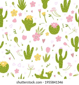 Seamless pattern with cactus, pink lilies, yellow flowers, branches, leaves.Tropical pattern for the design of children's clothing, wallpaper, fabrics. Vector seamless illustration with cacti.