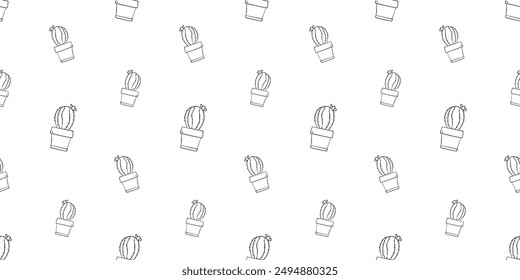 Seamless pattern with cactus plant with a blooming flower in a pot hand drawn doodle outline vector