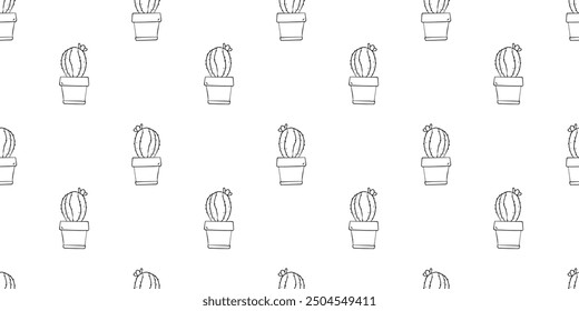 Seamless pattern with cactus plant with a blooming flower in a pot hand drawn doodle outline vector