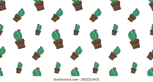 Seamless pattern with cactus plant with a blooming flower in a pot doodle vector