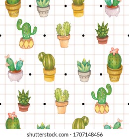 The seamless pattern of cactus in the plant pot with the black dot on the white background set in flat vector style.
