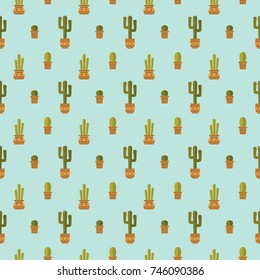 seamless pattern cactus plant in pot on blue background vector wallpaper textile