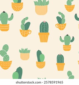 Seamless pattern of cactus plant vector. Abstract hipster desert nature fabric print. Green cacti on white for wallpaper and textile apparel. Seamless cactus pattern vector illustration.