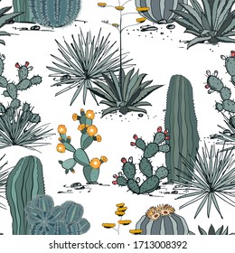 Seamless pattern with cactus plants, blue agave, and prickly pear. Perfect for your project, wedding, greeting card, photos, blogs, wallpaper, textile, texture and more.