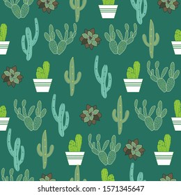 Seamless pattern with cactus plants on green background